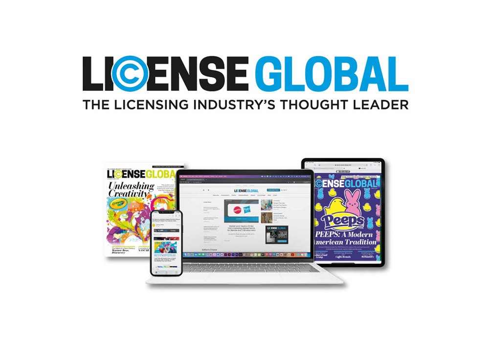 Multiple devices including a smartphone, tablet, and laptop displaying pages from the License Global website and the cover of License Global magazine